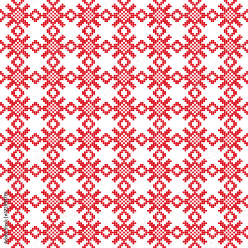 Vector pattern: national knitting red ornament on white background. Seamless pattern can be used for wallpaper, pattern fills, web page background, surface textures.