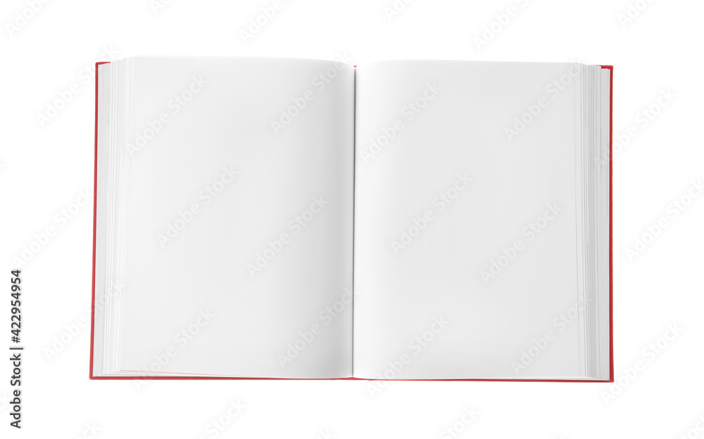 Open book with red cover on white background, top view. Mockup for design Open book with red cover on white background, top view. Mockup for design