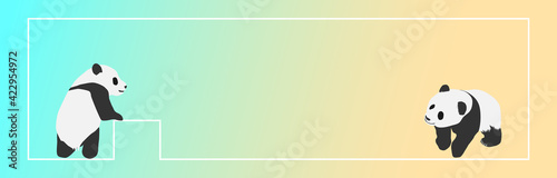 Frame background banner of children pandas staring at each other. vector illustration, landscape, copy space, web header, footer, blue, yellow, animal, cool