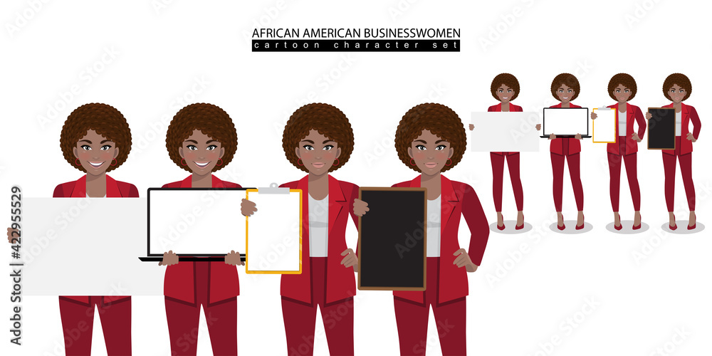African American business woman cartoon character in different poses ...