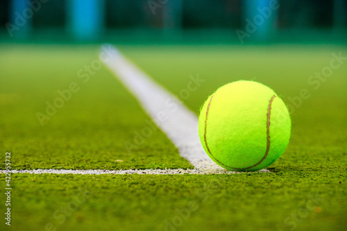 tennis ball lying on the grass court