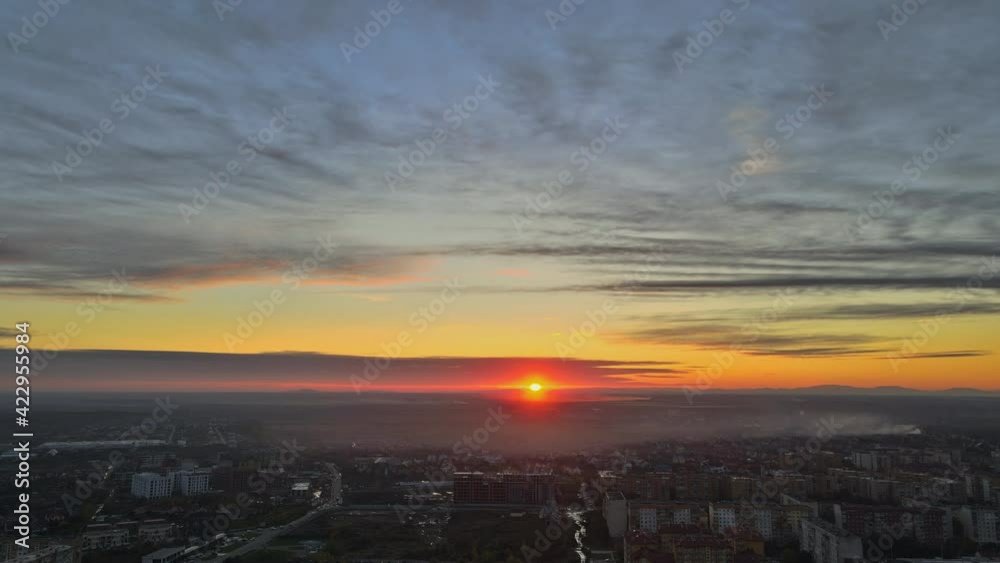 Natural autumn landscape of the foggy during sunrise view in the residential area on Uzhhorod old city Zakarpattya UKRAINE Natural autumn landscape of the foggy during sunrise view in the residential area on Uzhhorod old city Zakarpattya UKRAINE