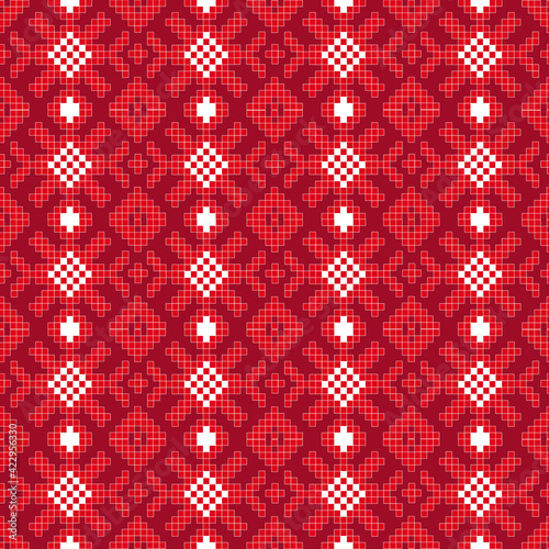 Vector pattern: national knitting ornament on dark red background. Seamless pattern can be used for wallpaper, pattern fills, web page background, surface textures.