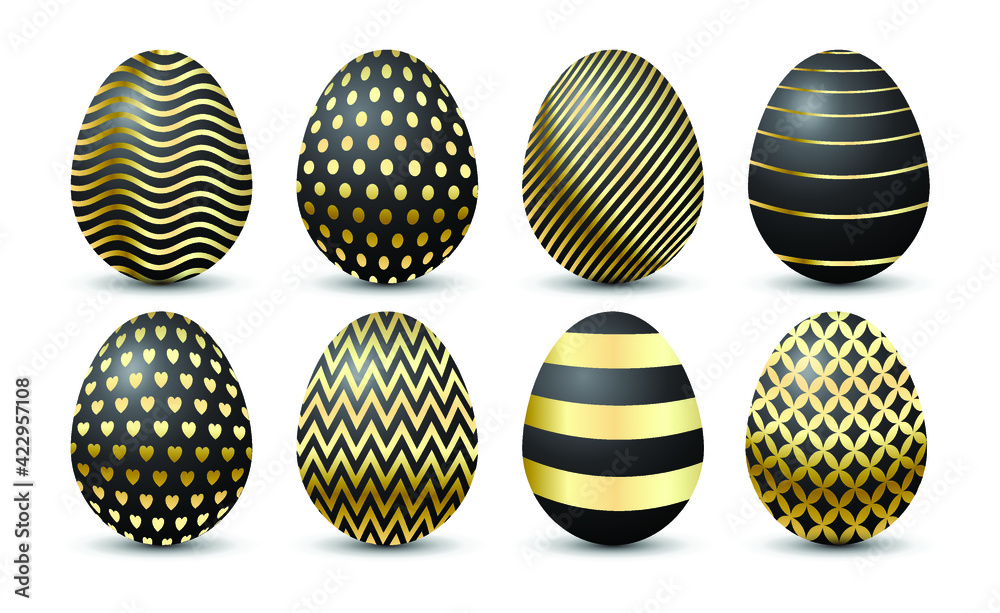 Easter egg set vector isolated on white background. Black and golden pattern eggs.