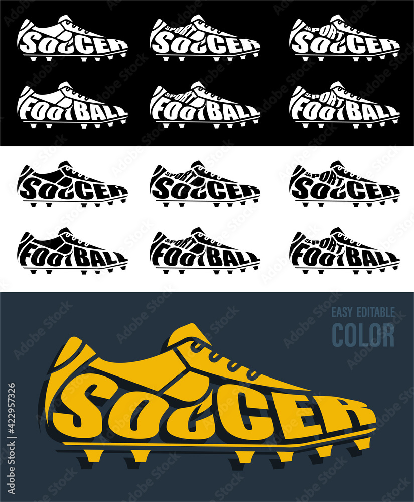 Volumetric letters with name SOCCER and FOOTBALL on background of sports boot, spiked sneaker. Element for print and design of sports competitions. Isolated vector