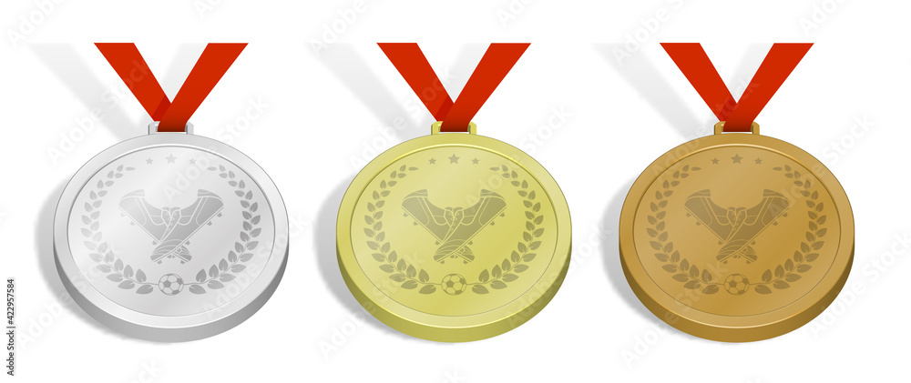 set of sport medals with emblem of football boot, spiked sneaker with laurel wreath for competition. Gold, silver and bronze award with green ribbon. 3d vector set of sport medals with emblem of football boot, spiked sneaker with laurel wreath for competition. Gold, silver and bronze award with green ribbon. 3d vector