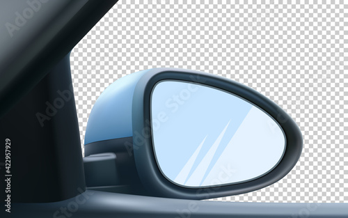 Mockup rear-view mirror, right, passenger. With empty space to insert an image. Isolated on transparent background. 3d realistic vector illustration.