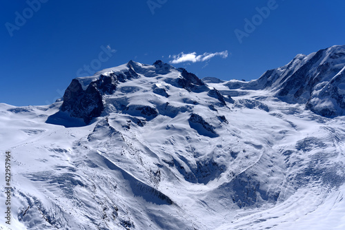 Snow capped mountains, snowfields and glaciers at Zermatt, Switzerland, seen from Gornergrat railway station. © Michael Derrer Fuchs