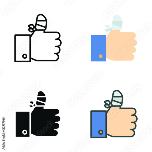 Hurt hand, bandage finger icon in different style. Outline, flat, solid, filled outline. Like, thumb up gesture, injured, unavailable concept. Vector illustration isolated on white background. EPS 10.