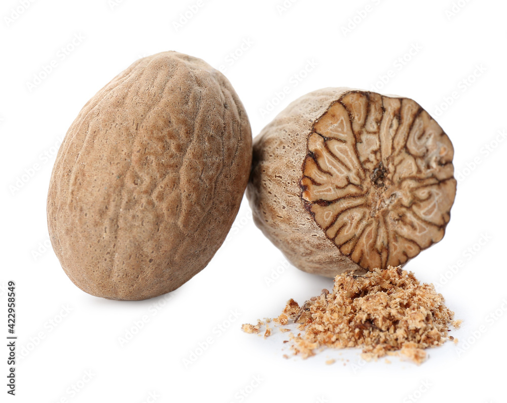 Grated nutmeg and seeds isolated on white Grated nutmeg and seeds isolated on white