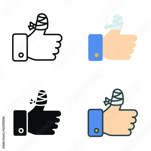 Hurt hand, bandage finger icon in different style. Outline, flat, solid, filled outline. Like, thumb up gesture, injured, unavailable concept. Vector illustration isolated on white background. EPS 10.