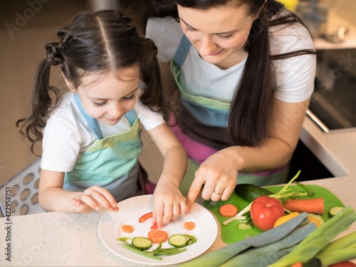 Cute mom and little girl making funny face from vegetables in kitchen. Mother and her daughter cooking together in kitchen