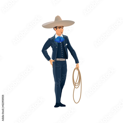 Mexican cowboy charro in sombrero hat and horseman costume isolated man in hat, lasso in hand, cartoon character. Male in national clothes of Mexico, blue suit and scarf, young brazilian guy