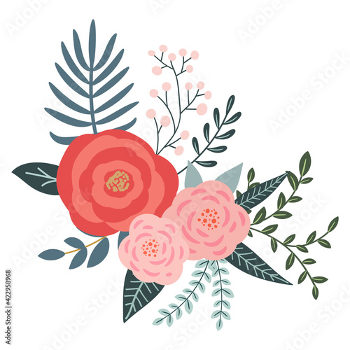 A bouquet of flowers and floral elements for your design on a white background. Hand-drawn.
