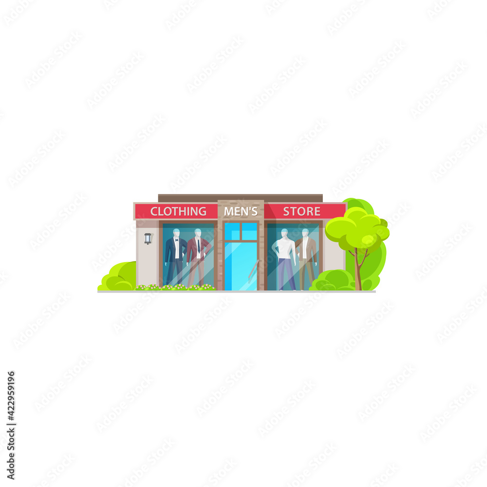 Mens fashion clothing store isolated bright colorful facade flat cartoon design. Vector fashion showroom, shop exterior of luxury mini store. City mall building with trees, male suits trousers on sale