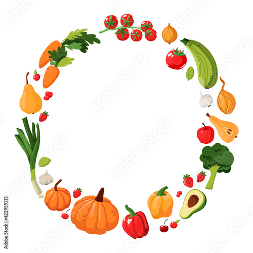 Round frame of vegetables  fruits and berries for decoration and design. Vector illustration isolated on white background. Bright  juicy vegan food.