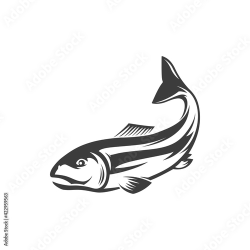 Fish underwater animal, salmon fishing sport mascot isolated monochrome icon. Vector salmon grayling whitefish, marine seafood. Trout, char, grayling and whitefish in jump, fishery sport trophy