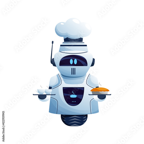 Robot with chefs cup isolated cook with food and drinks on plate. Vector one wheel automation, cooker holding in hands cup of coffee and baked cake. Smart cooker chef machine, new technology