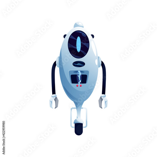 Single wheel robot modern kids toy isolated humanoid robotic automation. Vector bot, single wheeled artificial intelligence electronic cyborg drone with grabs. Futuristic cyborg digital character