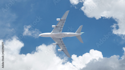 Passenger commercial airplane flying above head as shot from the ground in deep blue cloudy sky
