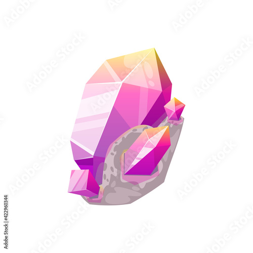 Violet gem stone crystal in rock isolated natural mineral gemstone icon. Vector ui game treasure, purple amethyst or quartz, elegant mauve agate, lilac crystal, jewelry decoration precious carat