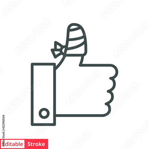 Hurt hand, bandage finger line icon. Simple outline style. Like, thumb up gesture, injured, unavailable concept. Vector illustration isolated on white background. Editable stroke EPS 10.
