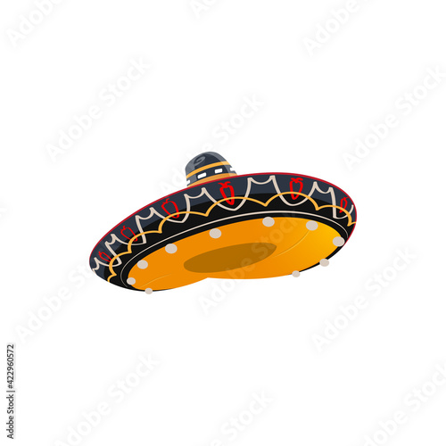 Mexican sombrero hat, isolated cartoon vector icon. Spanish headwear for Mexico cinco de mayo traditional festival. Holiday costume cap for celebration with red chili pepper ornament and tall crown