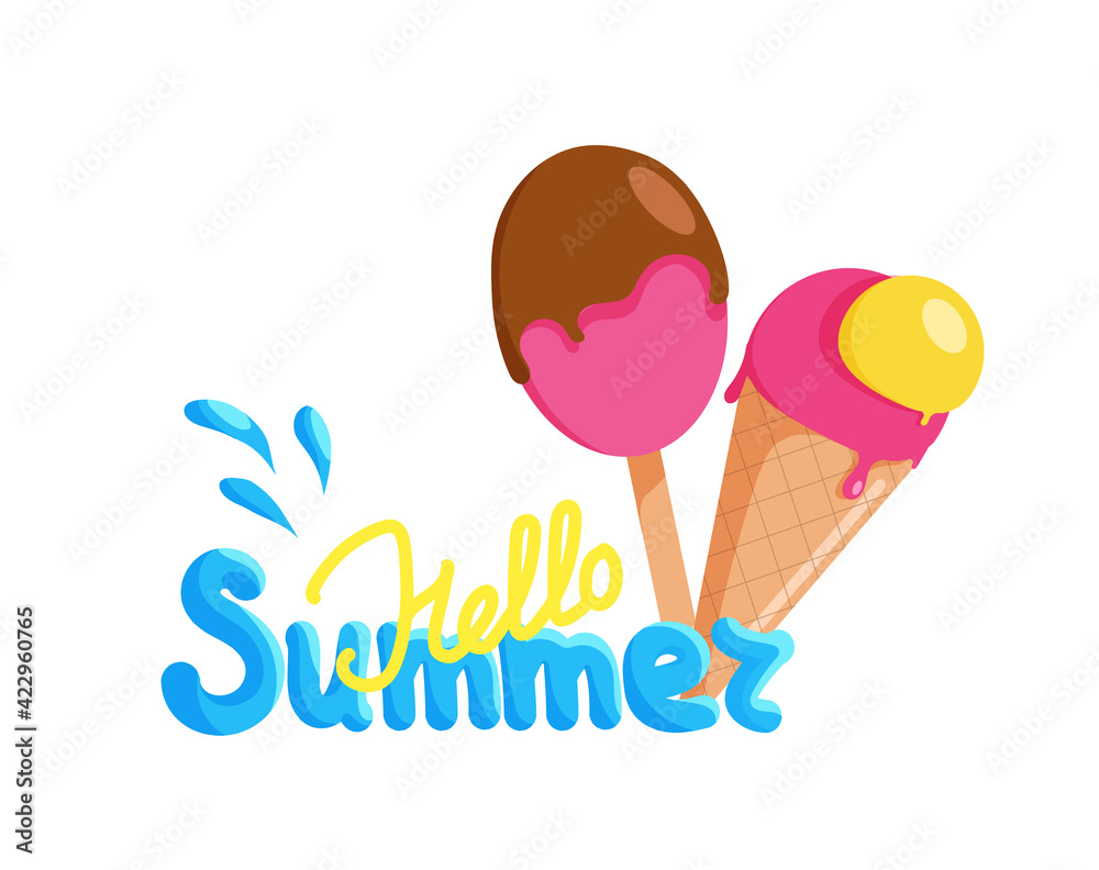 Summer banner, greeting card, postcard, flyer. Illustration with bright ice cream and lettering Summer banner, greeting card, postcard, flyer. Illustration with bright ice cream and lettering