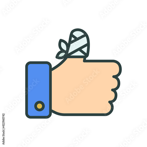 Hurt hand, bandage finger icon. Simple filled outline style. Like, thumb up gesture, injured, unavailable concept. Vector illustration isolated on white background. EPS 10.