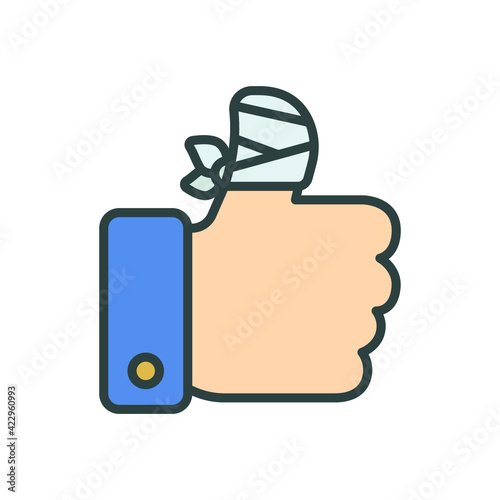 Hurt hand, bandage finger icon. Simple filled outline style. Like, thumb up gesture, injured, unavailable concept. Vector illustration isolated on white background. EPS 10.