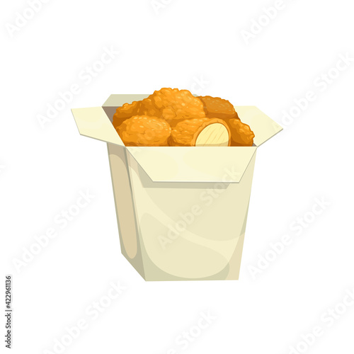 Chicken nuggets, fast food menu snacks in box, vector isolated icon. Fastfood restaurant or bistro cafe food, fried chicken nuggets in paper box, fast food court menu meals symbol