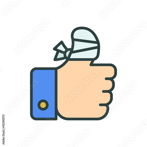 Hurt hand, bandage finger icon. Simple filled outline style. Like, thumb up gesture, injured, unavailable concept. Vector illustration isolated on white background. EPS 10.