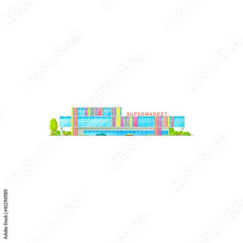 Supermarket building, store mall flat icon, vector exterior of shop market front. Grocery supermarket and city trade center, cartoon facade, hypermarket entrance door with street car parking