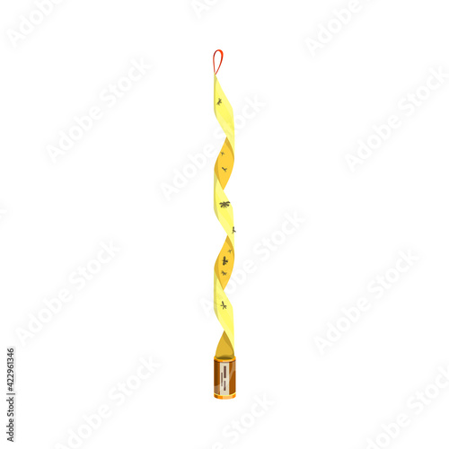 Flypaper or fly tape icon, pest control disinsection and domestic disinfection remedy, vector isolated icon. Sticky flypaper or fly ribbon strip and capture tape catcher device against insect parasite