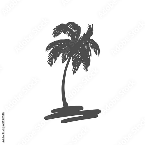 Black silhouette of a palm tree. Tropical leaves. Coconut palm, exotic lush sketch or hawaii coco palms. Vector illustration. For design of t-shirts, cards, invitations in retro style