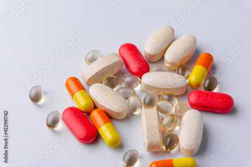 Colorful capsules and tablets. isolated on white background