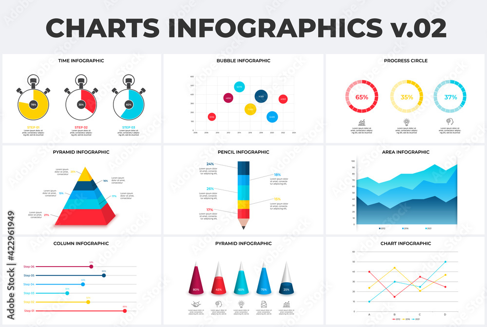 Set with area, bubble and progress charts infographic design templates ...