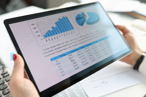 Female hands holding digital tablet with graphs and charts concept