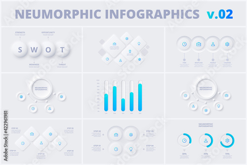 Set with neumorphic infographic design templates. Modern neumorphism vector illustration for presentation with 3, 5, and 6 options or steps