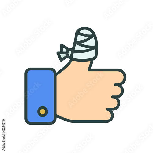 Hurt hand, bandage finger icon. Simple filled outline style. Like, thumb up gesture, injured, unavailable concept. Vector illustration isolated on white background. EPS 10.