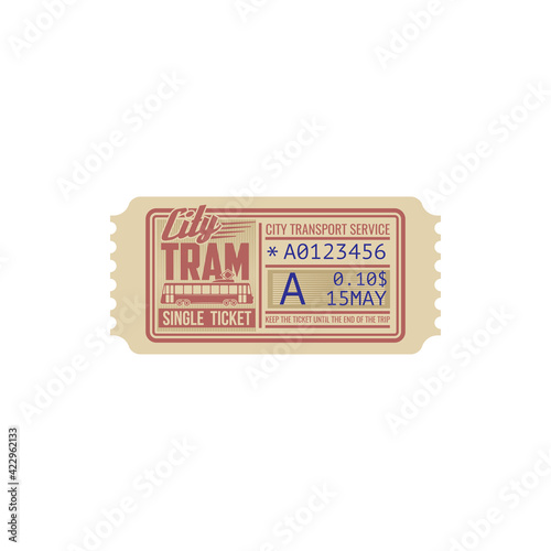 One trip single ticket on tram template isolated icon. Vector city transportation services pass, passenger boarding card on transport. Data of use, numbered perforated ticket, control cutting line