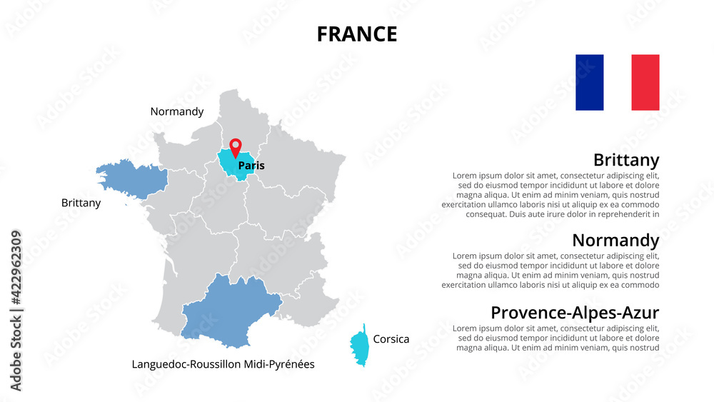 France vector map infographic template divided by countries. Slide presentation