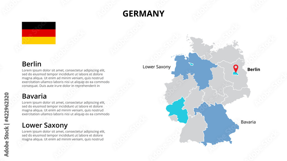 Germany vector map infographic template divided by countries. Slide presentation