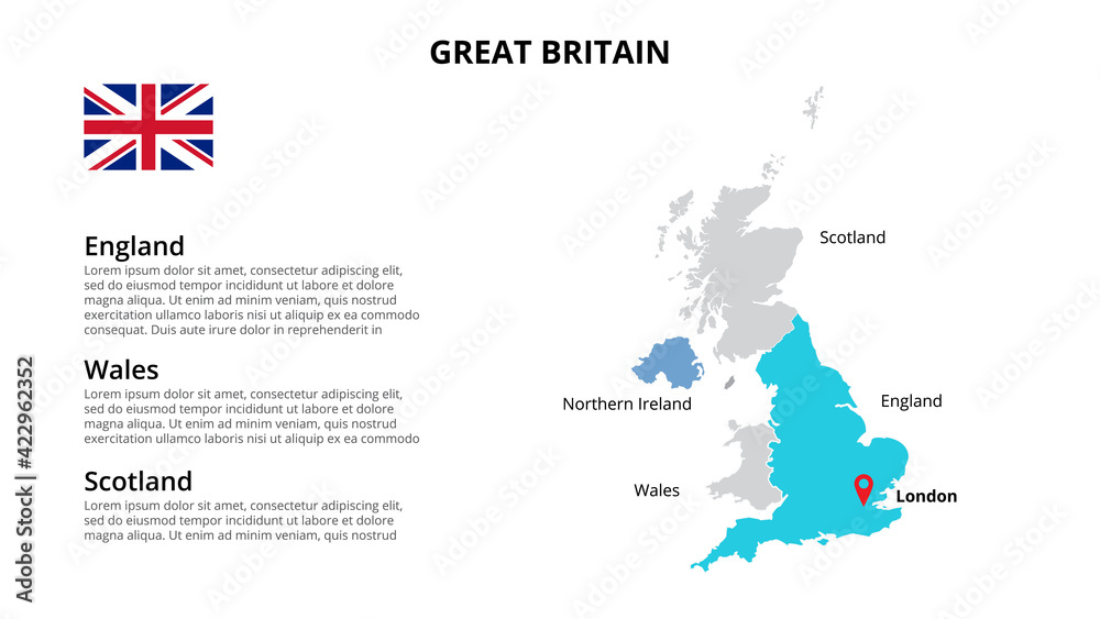 Obraz premium Great Britain vector map infographic template divided by countries. Slide presentation