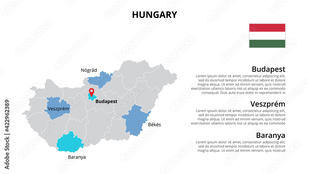 Hungary vector map infographic template divided by countries. Slide presentation