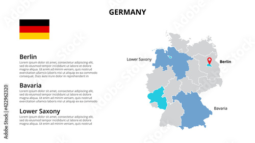 Germany vector map infographic template divided by countries. Slide presentation