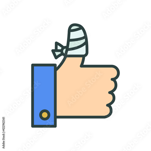 Hurt hand, bandage finger icon. Simple filled outline style. Like, thumb up gesture, injured, unavailable concept. Vector illustration isolated on white background. EPS 10.