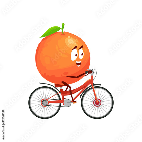 Cartoon orange fruit vector icon, funny sportsman character riding bicycle doing sport exercises isolated on white background. Healthy food, sports lifestyle, organic nutrition symbol