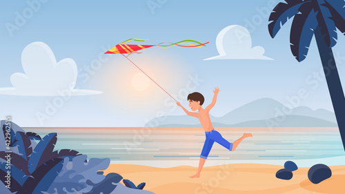 Child boy playing, running with kite in tropical nature, summer beach landscape vector illustration. Cartoon happy kid character holding flying red kite in hand, children play fun activity background