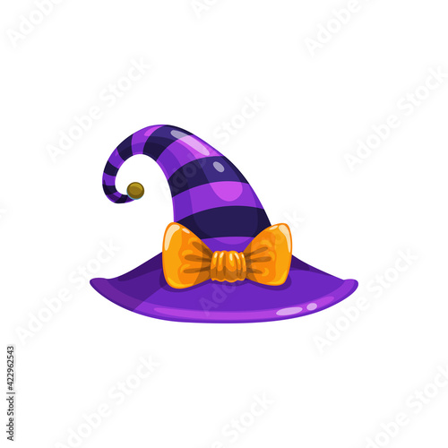 Cartoon witch hat vector icon, magician headwear with cute bow and violet stripes. Enchanter halloween costume, female wizard cap isolated on white background
